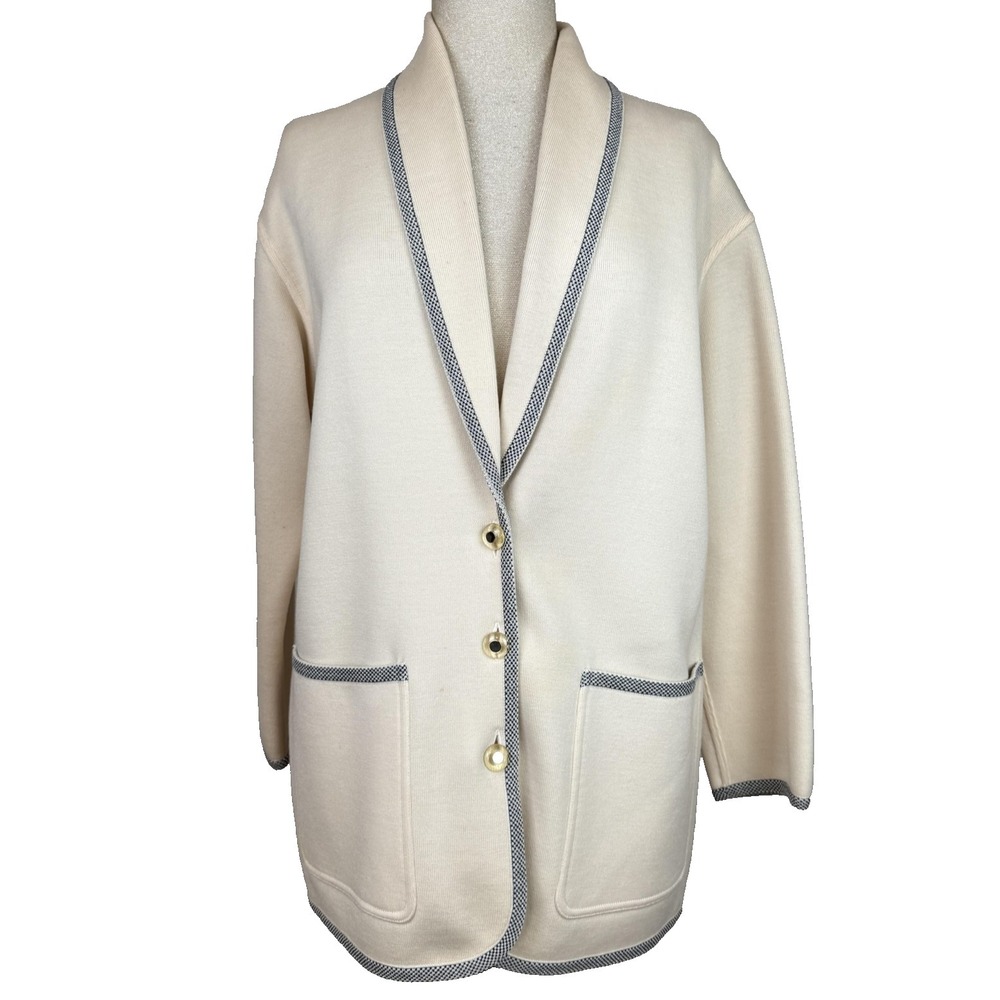 Vtg Escada Cardigan Sweater Women 36 US Small White Contrast Trim Wool Old Money - Picture 2 of 15